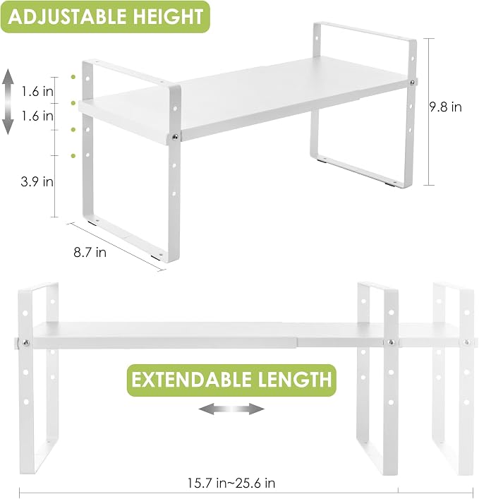 Across-Star Expandable Cabinet Shelf Organizer Rack, Stackable Kitchen Counter Storage Shelves Stand, Adjustable Height Pantry Shelf Spice Rack (White, 1 Pack)