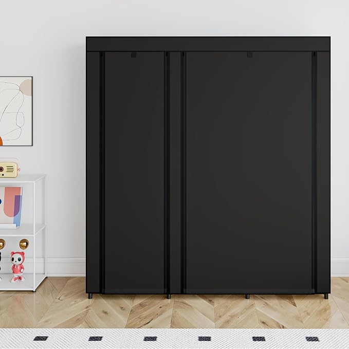 SORCEDAS Portable Closet Wardrobe with Hanging Rods Shelves Clothes Storage | 51 Inch Closet Organizers and Storage with Non-Fabric Cover,Freestanding Clothes Closet for Bedroom,dorm,Storage Rooms Black