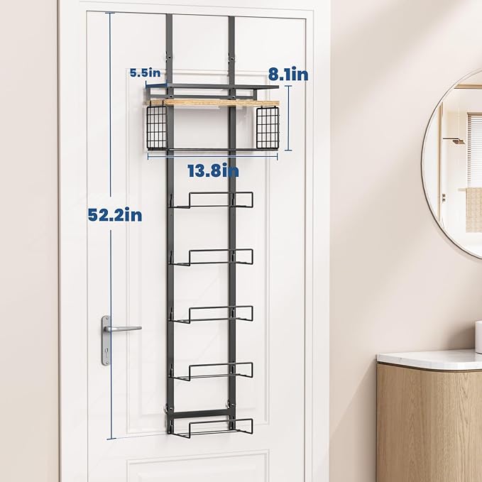 Aetyord Towel Racks for Bathroom Over The Door Towel Racks Towel Storage Organizer with Metal Shelf Basket for Bathroom Rv Camper (7-Tier Black with Wood Plank)