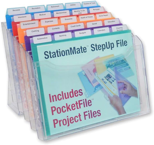 Ultimate Office StationMate Desktop Organizer + 25 5th-Cut PocketFiles | Project manager and file sorter for office or home; incline design puts all files in clear view; clear poly pockets