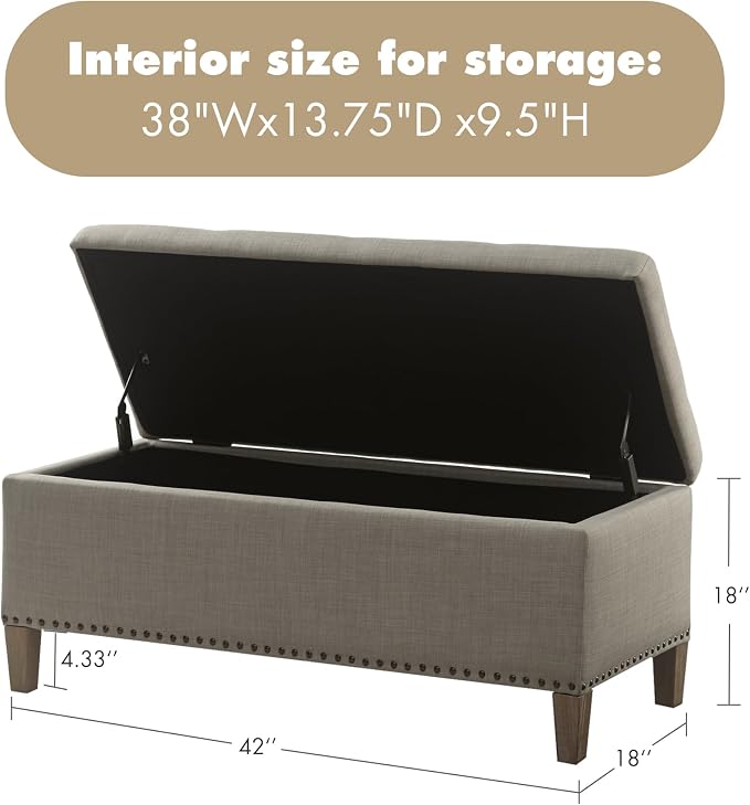 Madison Park Entryway Accent Bench for Living Room Flip Top Storage Bench Ottoman, Nailhead Trim, Tufted Padded Top, Modern Bed End Bench for Bedroom Storage Chest, Indoor Seating, 42"Wide, Light Grey