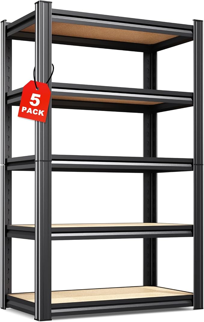 5-Tier Heavy Duty Metal Shelving Units, 71" H x 28" W x 12" D, Adjustable Steel Storage Racks for Garage, Warehouse, Industrial, and Home Organization, 1900 lbs Capacity, 5-Pack
