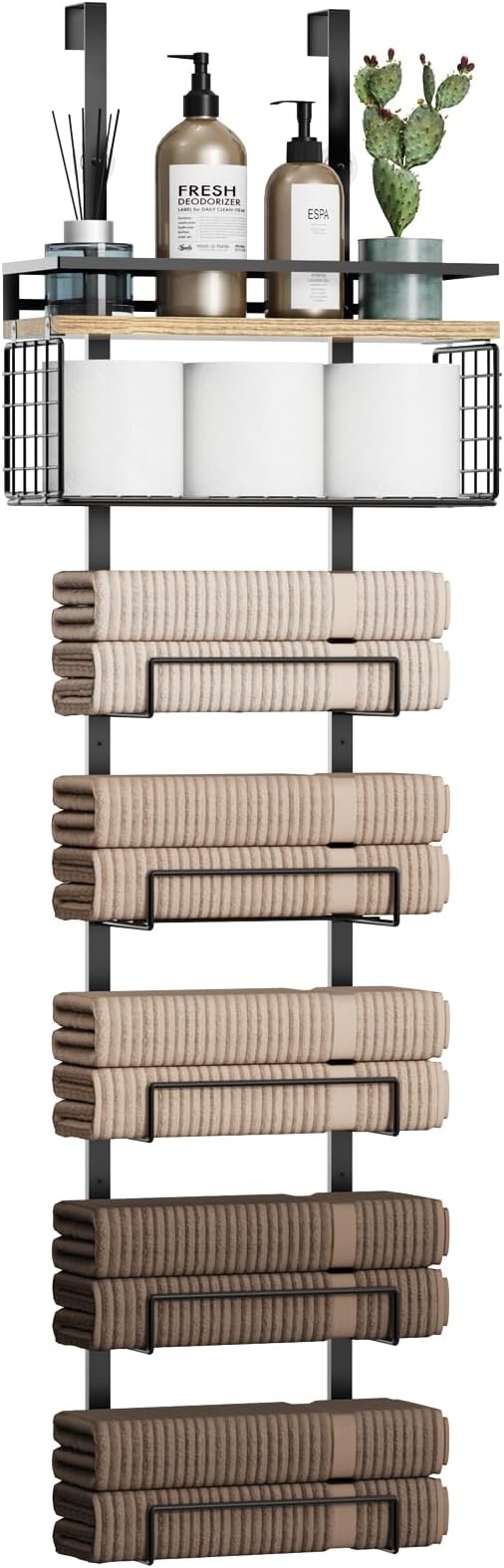 Aetyord Towel Racks for Bathroom Over The Door Towel Racks Towel Storage Organizer with Metal Shelf Basket for Bathroom Rv Camper (7-Tier Black with Wood Plank)