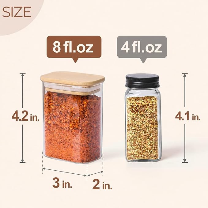 ComSaf Spice Jars 8oz Set of 6, Small Seasoning Containers with 9 Labels | Small Glass Jars With Labels, Empty Rectangle Canisters, Spice Rack Organization, Loose Tea, Herb, Powder, Dry Good, BPA Free