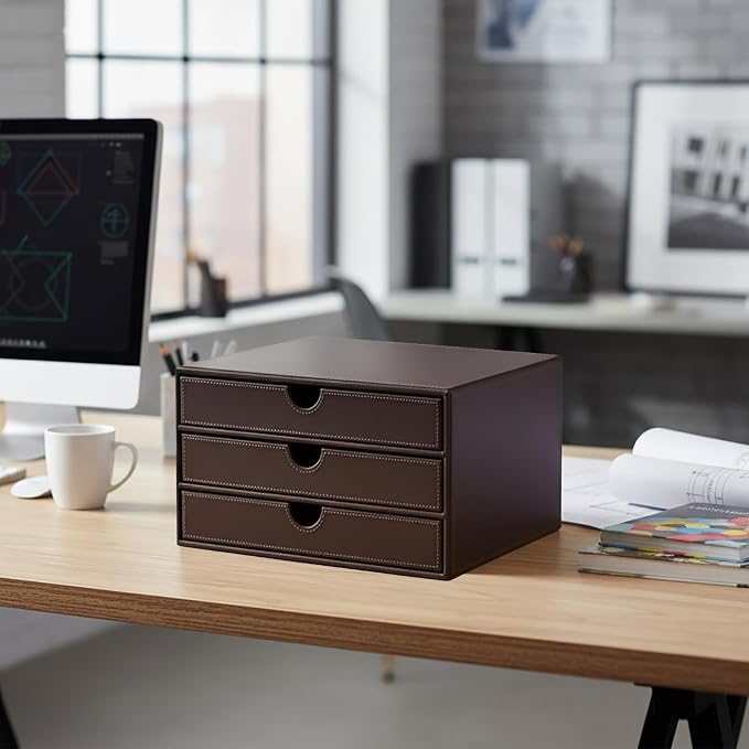 UnionBasic Leather Desktop Drawer Organizer, File Cabinet Magazine Document Holder, Office Supplies Desk Storage Organizer Box, 3 Drawer, Coffee