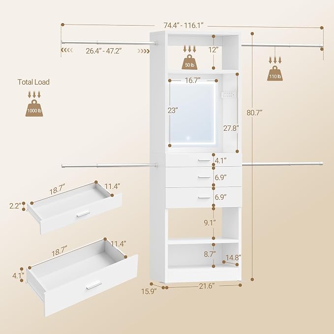 Hzuaneri Closet System Closet Organizer and Storage with 3-Color LED Mirror | 4-9.8FT Walk-in Closet System Wooden Storage Systems with 3 Drawers, LED Mirror, 4 Hang Rods & 2 SHELF, White BW00103EUS