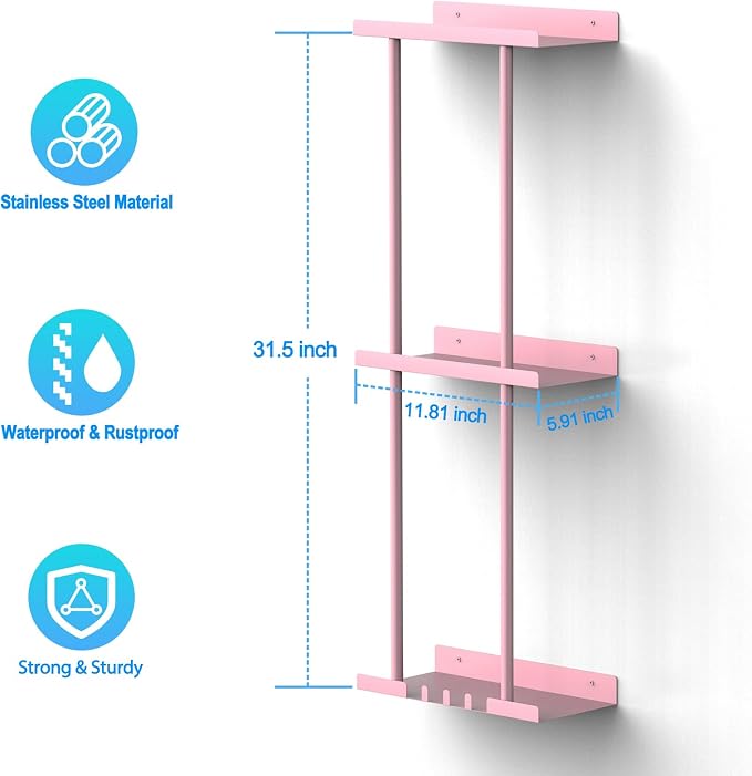 Towel Rack for Bathroom, Wall Mounted Vertical Rolled Towel Storage Organizer Holder with Shelf, Holds Up 6 Large Bath Sheets, Pink Large Size
