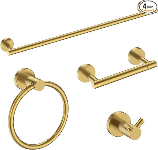 FORIOUS Bathroom Accessories, 4-Piece Bathroom Hardware Set - 24" Towel Bar | Brushed Gold | Towel Hooks, Towel Racks for Bathroom, Toilet Paper Holder Wall Mounted & Towel Ring | SUS304 Stainless Steel