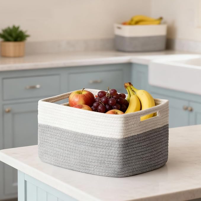 5 Pack Woven Storage Baskets for Shelves, Decorative Basket Closet Organizer Storage Bins for Clothes, Books, Pantry, Bathroom – Cotton Rope Shelf Baskets for Organizing and Decor, Gray & White