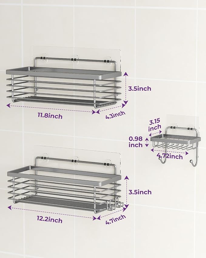 Shower Caddy Adhesive 3 Pack Stainless Steel Storage Organizers-Grey | No drilling wall mounted,rust-resistant,large capacity,quick drainage,easy to clean,suitable for bathrooms and kitchens