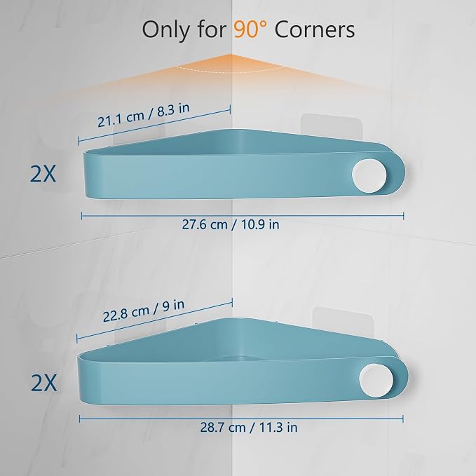 Sotfamily Plastic Shower Caddy Corner (for 90° Only), 4 Pack, Light Blue | Adhesive Corner Shower Shelves for Bathroom Organizers and Storage, Bathroom Decor, No Drill, Rust Free