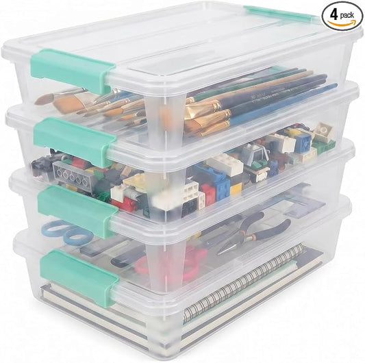 EOENVIVS Clear Storage Boxes with Lids 4 Pack Plastic Sensory Boxes with Secure Latches, Stackable Clear Storage Bins with Lids for Sewing Scrapbook Paper Craft Supplies Household Organizer