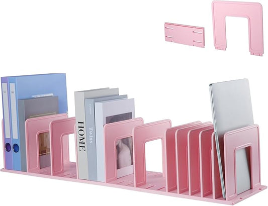 Adjustable Vertical File Sorter Sturdy Plastic Expandable Upright File Holder, Desktop Binder Organizer, School Office File Organizer Bookshelf Divider, Assemble Easily Endlessly, Pink