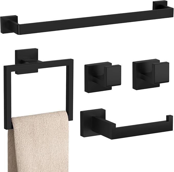 5-Pieces Matte Black Bathroom Accessories Set, 23.6 Inch Bath Towel Bar Set, SUS 304 Stainless Steel Bathroom Hardware Set, Towel Racks for Bathroom Wall Mounted.