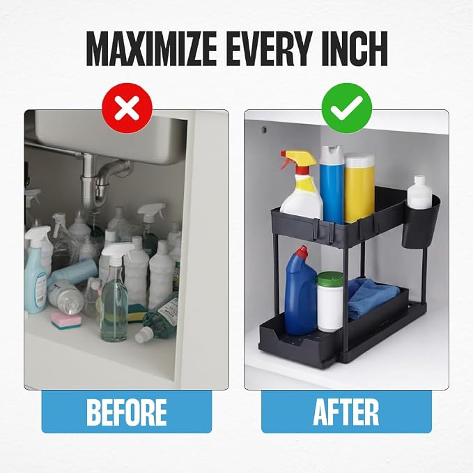 Undersink Organizer, 2-Tier Under Sink Storage Rack with Sliding Drawers for Kitchen Bathroom Cabinets, Pull Out Organizer for Pantry, Laundry Room & Closet Organization - 2 Pack, Black