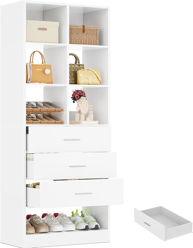 Homieasy Closet System Organizer with 3 Drawers and Partition Storage, Freestanding Wardrobe Organizer Modular with Shoe Shelf, Expandable for Walk-in or Reach-in Closets, White