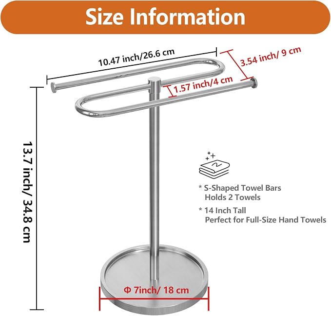 Bethom Hand Towel Holder Countertop Standing for Bathroom,Brushed Nickel | S-Shape Stainless Steel Towel Stand Rack Bar Holds 2 Towels for Kitchen