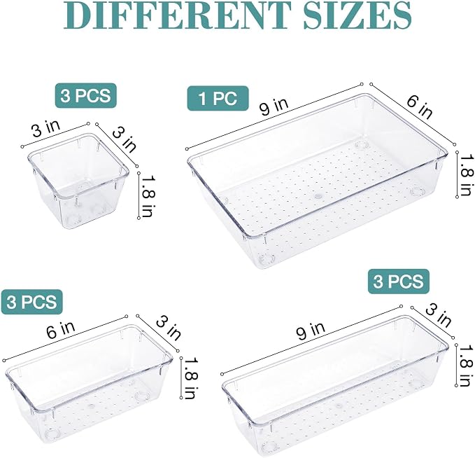 10 PCS Drawer Organizer Set, 5 Size Bathroom and kitchen organizer Trays | Bathroom and kitchen Drawer cabinet organizer Trays, Clear Storage Bins for Makeup, Jewelry, Utensils and Gadgets