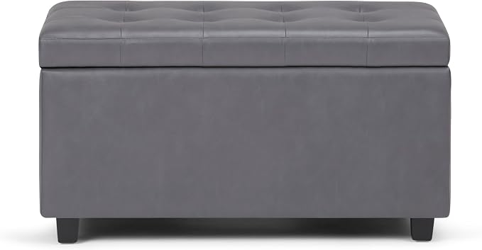 SIMPLIHOME Cosmopolitan 34" Wide Vegan Leather Storage Ottoman in Brown | Stone grey, transitional storage ottoman with tufting and lift-up lid; rectangle storage bench for living room or entryway.