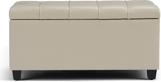 SIMPLIHOME Dover 36" Wide Vegan Leather Square Ottoman in Stone Grey | Transitional ottoman with tufting and lift-up lid; rectangle storage bench for living room or entryway.