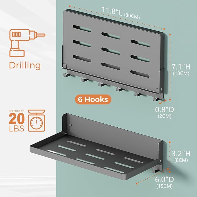 Small Folding Metal Shelf with Hooks, Fold-up Wall Shelf, 6 Hooks, Drop Down Floating Shelf for Laundry Room, Kitchen, RV, Toilet Room, Garage, Utility, Black（11.8", 1 Pack）