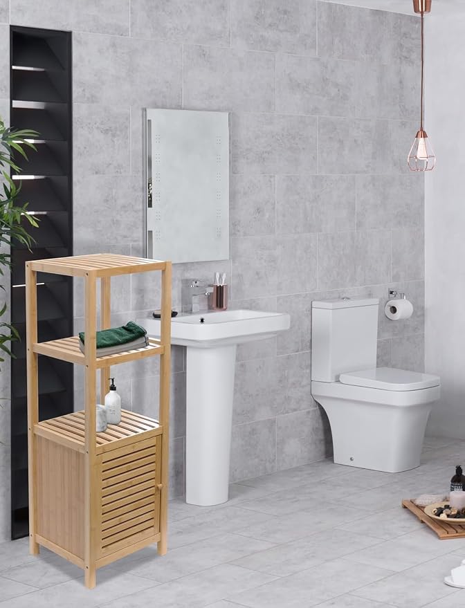 RoyalHouse Bamboo 3-Tier Floor Organizer with Shutter Door, Freestanding Storage Tower for Bathroom, Bedroom, Kitchen, Laundry Room – Eco-Friendly Natural Bamboo