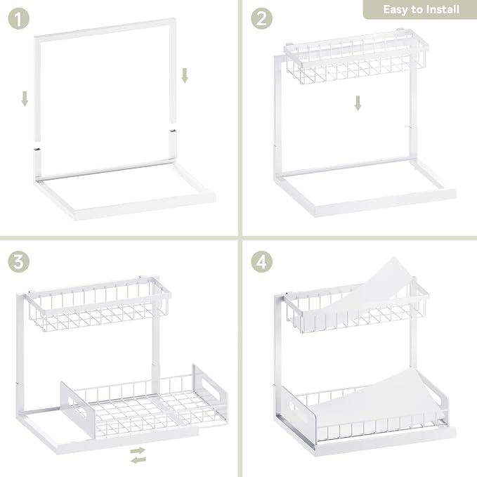 Under Kitchen Sink Organizer 2 Tier, Pull Out Bathroom Sink Organizers and Storage, Cabinet Kitchen Bathroom Storage Organization Shelf, 2 Pack White