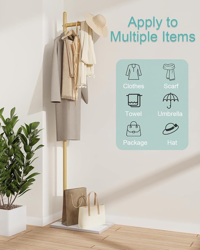Yawinhe Metal Coat Racks with Square Base,L-Shaped Clothes Stand,Golden | Freestanding Hall Tree for Bedroom;Clothes Hanger Stand Suitable for Entryway; Stable Clothing Rack for Hallway