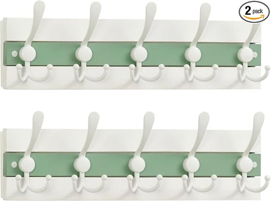 SKOLOO Coastal Wall Mounted Coat Rack - 16-7/8" Beach House Entryway Wooden Coat Hook with 5 Hooks for Hanging Coats, Hats or Towels, Oceanfront Cottage Core Collection, White & Green, Pack of 2