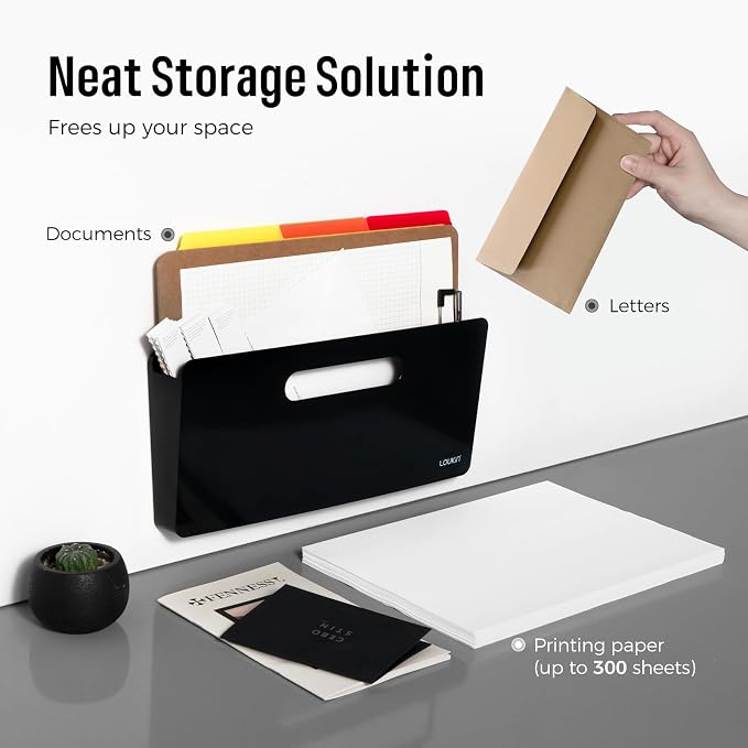 loukin Magnetic File Holder, Wall Mount Paper Organizer, 3 Mount Options | 13.1" x 5.9", Holds up to 300 sheets, Supports 3.31 lb, Magnetic, Adhesive & Screw Mount, Detachable & Portable