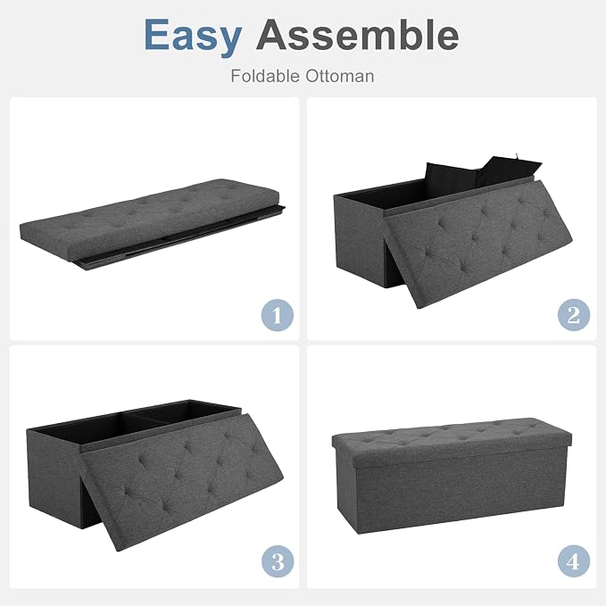 DUMOS 43 Inch Folding Storage Ottoman Bench, Large Ottoman with Storage | Storage Chest with Thicker Foam Padded Seat, End of Bed Foot Rest Stool for Bedroom Living Room Entryway, Load 660 lbs, Grey