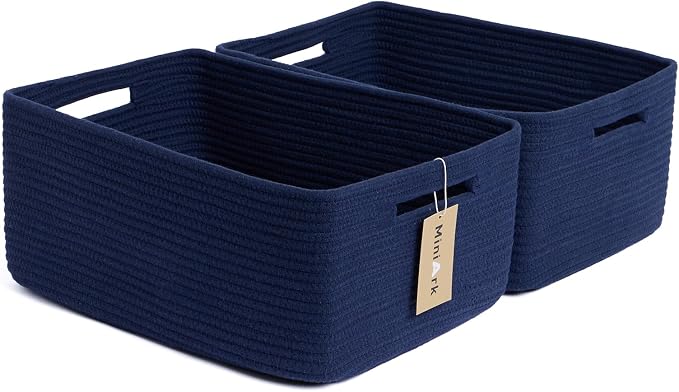 MiniArk Large Storage Baskets for Shelves, 17 x 13 x 7.5” Closet Organizers Bins for Clothes Blanket Towels, Baby Nursery, Toy Baskets Box, Woven Rope Baskets, 2 Packs Navy Blue