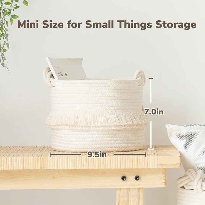 CherryNow Small Woven Rope Baby Basket with Tassel, 9.5" x 7", Off-White | Cute Storage Basket for Baby Shower, Toys & Daily Essentials, Fits Nursery Living Room Decor, with Knotted Handles