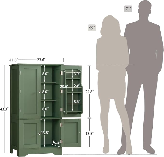 43" H Storage Cabinet with 4 Doors, Kitchen Cabinet with 6 Door Shelves, Kitchen Pantry Cabinets for Living Room, Dining Room, Bathroom, Forest Green