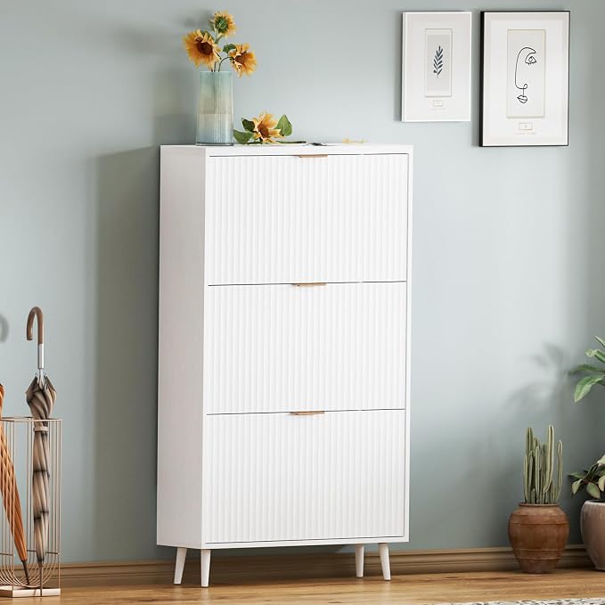 Shoe Cabinet Storage,Modern Freestanding Organizer with 3 Flip Drawers,Narrow Shoe Rack Cabinet for Entryway,White