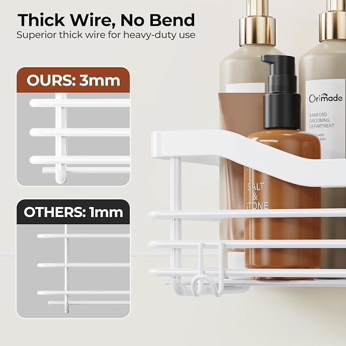 Orimade Shower Caddy Basket Shelf Storage Rack, No Drilling Wall Mounted Adhesive Rust Resistant Stainless Steel Shower Organizer with 5 Hooks for Bathroom, White 2 Pack