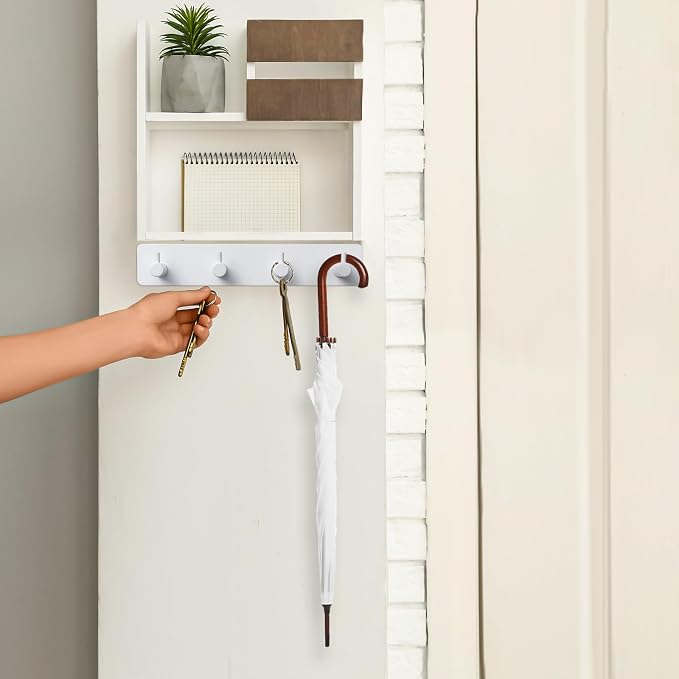 Key Holder with 4 Hooks,Adhesive Key Hanger Organizer for Wall Mount | Metal Key Rack with 2 Self-Adhesive Tapes for Entryway, Door, Bathroom, Kitchen(White)