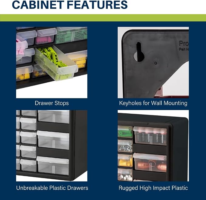 Akro-Mils 26-Drawer Plastic Drawer Storage Cabinet for Garage Organization, Bead Organizer, Building Bricks Storage, Teacher Toolbox, Makeup Organizer, 20-Inch W x 6-Inch D x 10-Inch H, 10126 Black
