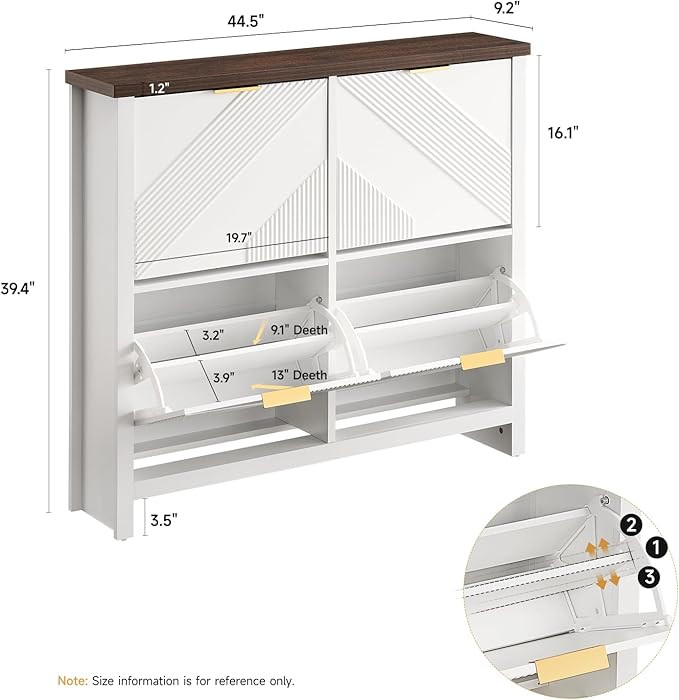 Shoe Cabinet with 4 Flip Drawers & Symmetric Groove Pattern for Entryway | 44.5''W x 9.2''D x 39.4'' White Fit for 16-24 Pairs of Shoes Slim Narrow Hidden Shoe Storage Cabinet for Hallway Living Room