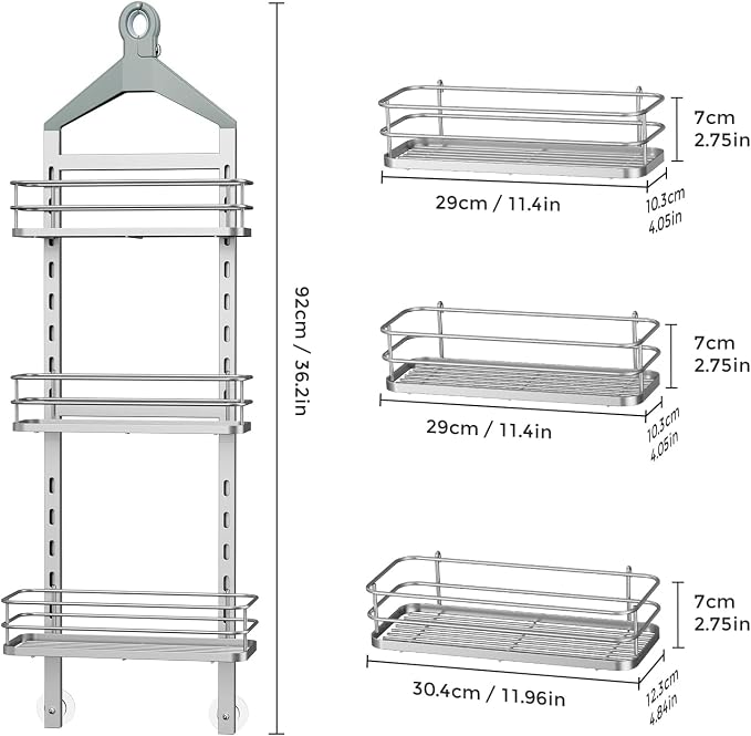 ODesign 3 Tier Adjustable Shower Organizer Hanging Over Head Silver | Shower organizer hanging,no drilling required,comes with removable hook and storage box, suitable for indoor showers