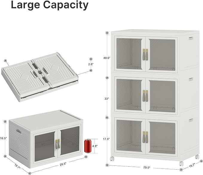 Stackable Storage Bins with Lids, 540QT Extra Large Storage Cabinet | Clear Doors, Foldable Storage Drawers, Heavy Duty, Collapsible Closet Organizers for Bedroom Office (3, White, 180, Quarts)