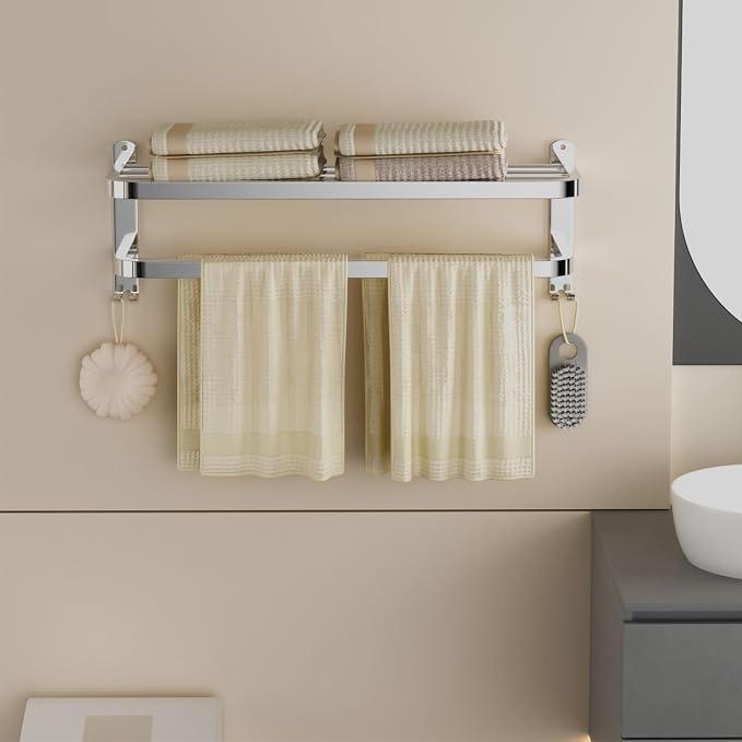 23 Inch Bathroom Towel Rack Towel Shelf with Double Towel Bars Lavatory Wall Mount Holder with Hooks Stainless Steel Hotel Bath Rack