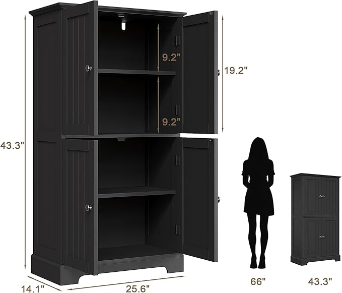 ChooChoo Bathroom Floor Cabinet with Adjustable Shelves | Bathroom Storage Cabinet, 4 Doors, Freestanding Cupboard for Living Room, Kitchen Pantry, Black