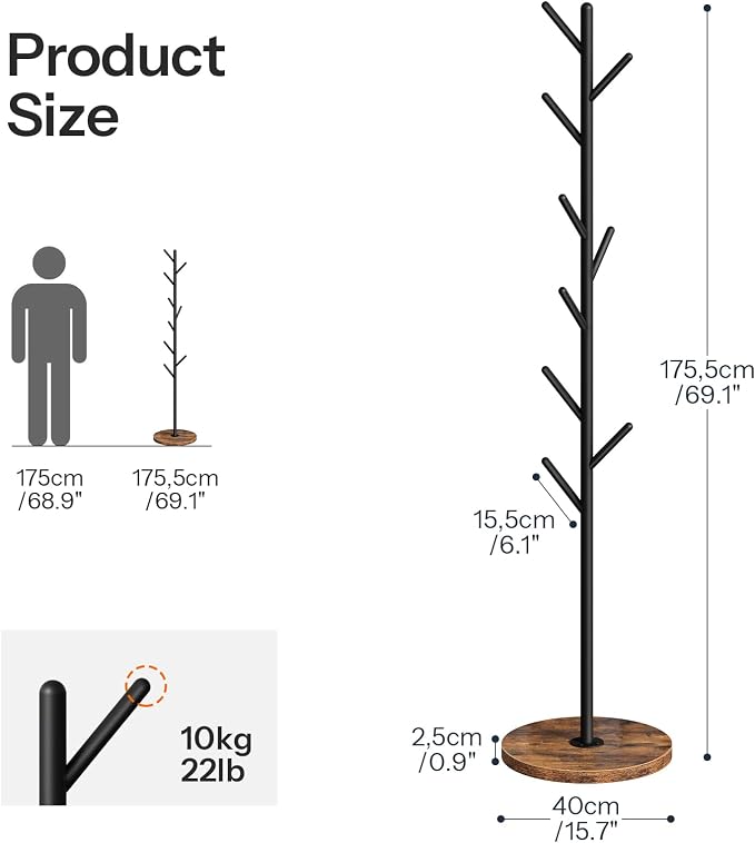 HOOBRO Coat Rack Stand with 9 Hooks, Metal Freestanding Coat Tree with Wooden Base, Heavy Duty Hall Tree for Entryway, Space Saving Coat Hanger Stand with Thickened Base, Rustic Brown BF11YM01