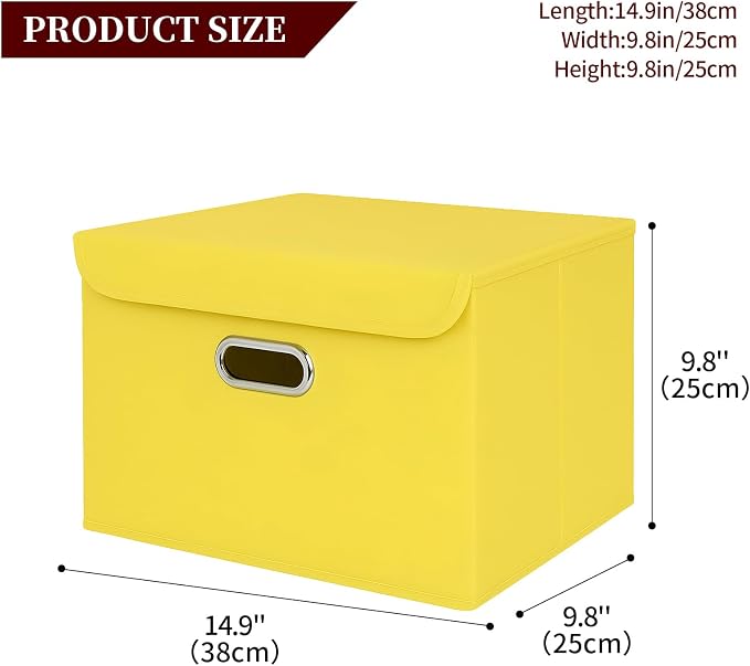 STOREONE Fabric Storage Cube Bins Foldable Organizer Container Collapsible Basket with Lids and Metal Handles, for Home, Bedroom, Closet 3 Pcs (multicolour-yellow)