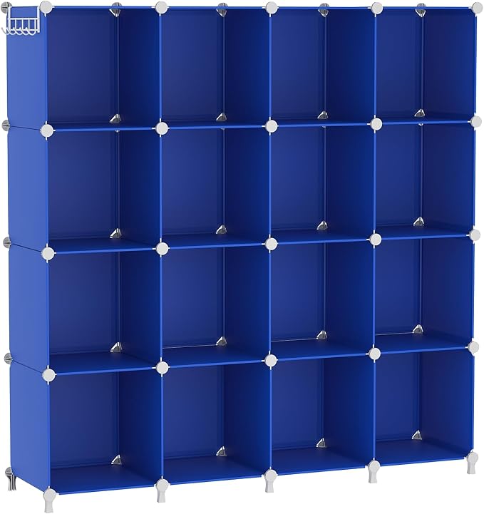 AWTATOS Cube Storage Organizer, Closet Organizers Storage Shelf, 16 Cube | DIY Stackable Storage Cube Shelves, Plastic Clothes Organizer Shelving for Bedroom, Home Office, Blue
