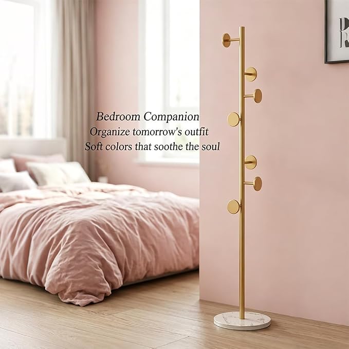 Coat Rack Freestanding Gold Coat Rack For Clothing Hats Bags Ties Purses | Sturdy Metal Clothes Rack with Marble Base & 7 Hooks, Heavy Duty Clothing Hanger Hall Tree Stand for Entryway Bedroom Hallway