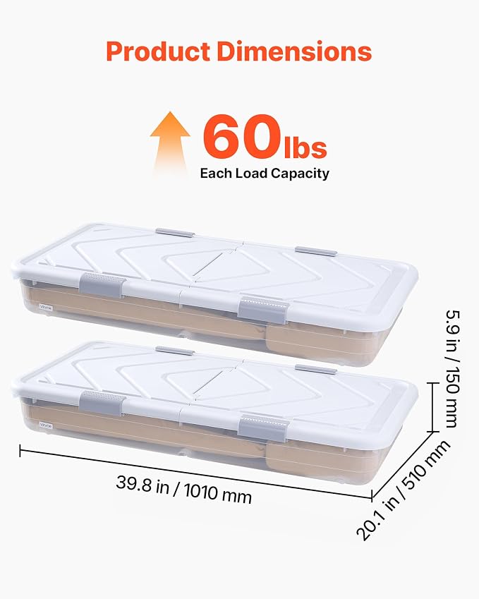 VEVOR Under Bed Storage with Wheels, 39.8 x 20.1 x 5.9 inch Underbed Containers, Underbed Shoes Organizer with Lid & Gray Latch, Rolling Under the Bed Storage Bins for Clothes Shoes Blankets, 2 Pack