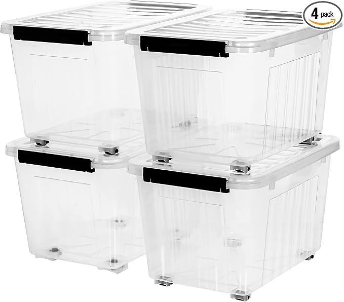 Citylife 54 Quart Large Clear Plastic Storage Bins with Lids 4-Pack | Stackable, Secure Latching Lids, Easy Find, Clothes Storage Bins for Closet Bedroom Garage