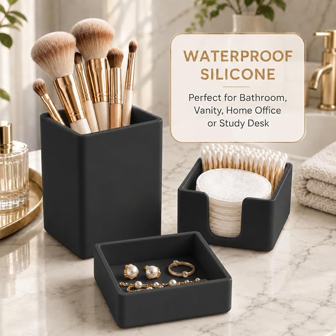 minimaliving Aesthetic Silicone Desk Organizer Set of 3,Modern Office Desk Accessories with Pen Holder,Paperclip Tray,Sticky Note Holder,Stylish Functional Office Desk Decor for Back-to-school(Black)